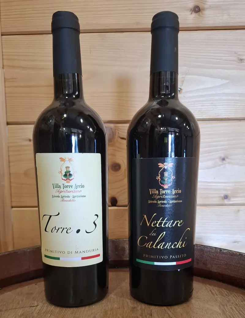 Selezione di bottiglie di vino rosso Torre punto 3 e bianco Nettare dei Calanchi